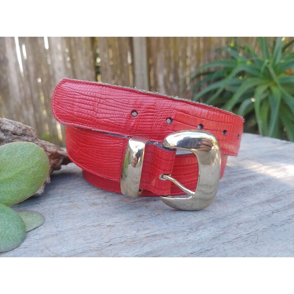 Vintage Red Leather Lizard Print Womans Belt By Calderon - Picture 1 of 10